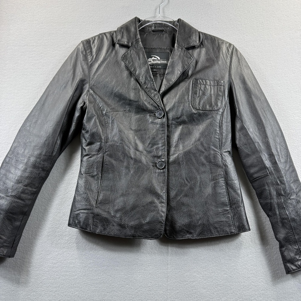 KC Collections Blazer Jacket Womens Small Black Leather Button Front Lined Short